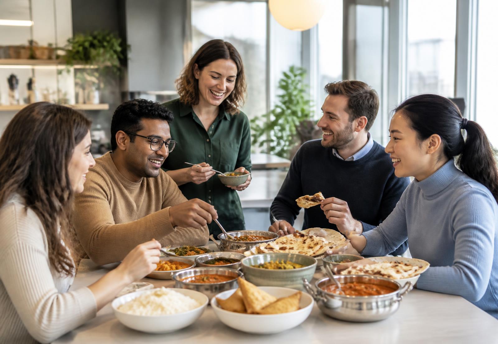 A diverse team of office colleagues sharing authentic Indian dishes during a workplace lunch