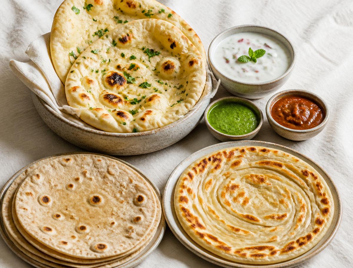 Indian Breads & Sides — Naan, Garlic Naan, Roti, Butter Naan